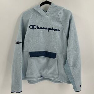 Women's Champion Logo Sherpa Fleece Hooded Pullover Sweater Light Blue XL